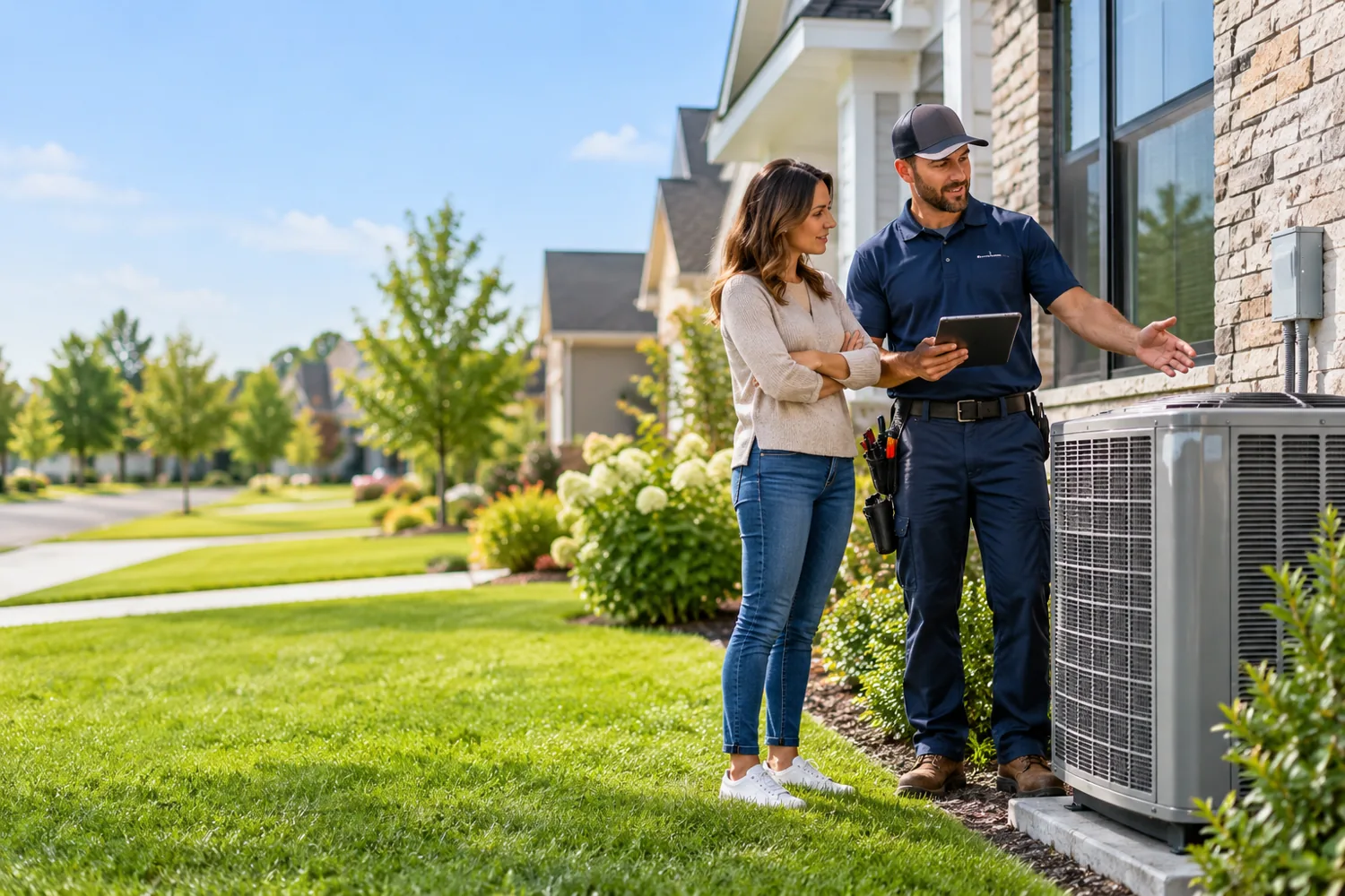 HVAC technician explaining an outdoor air conditioning system to a homeowner